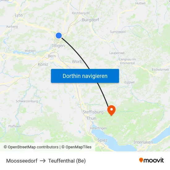 Moosseedorf to Teuffenthal (Be) map