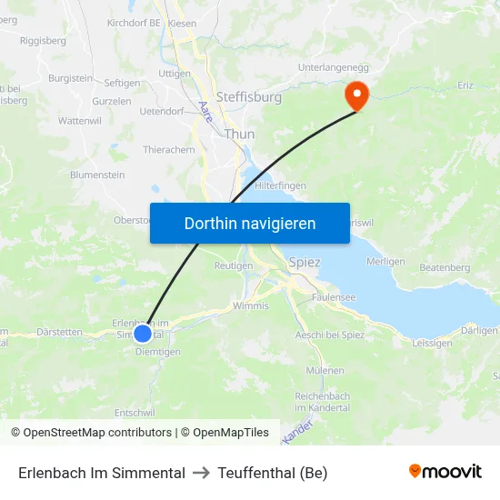 Erlenbach Im Simmental to Teuffenthal (Be) map