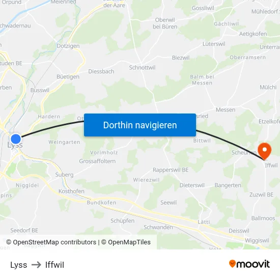 Lyss to Iffwil map