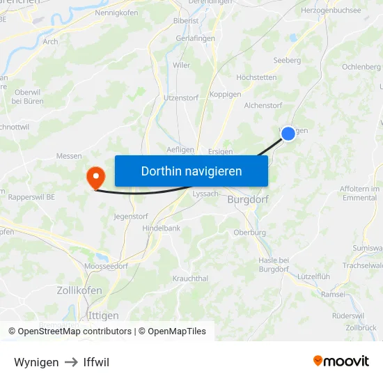 Wynigen to Iffwil map