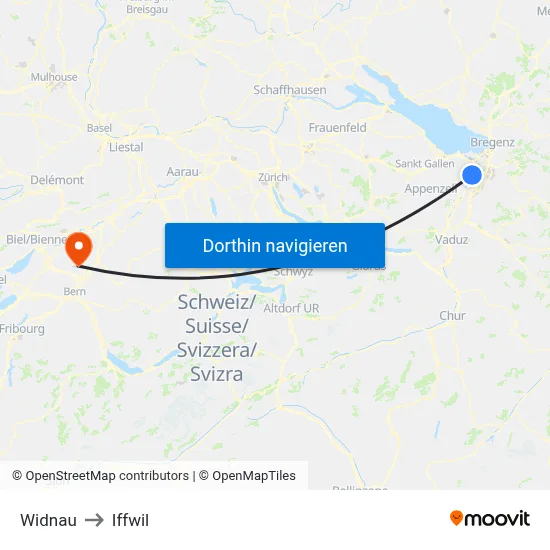 Widnau to Iffwil map