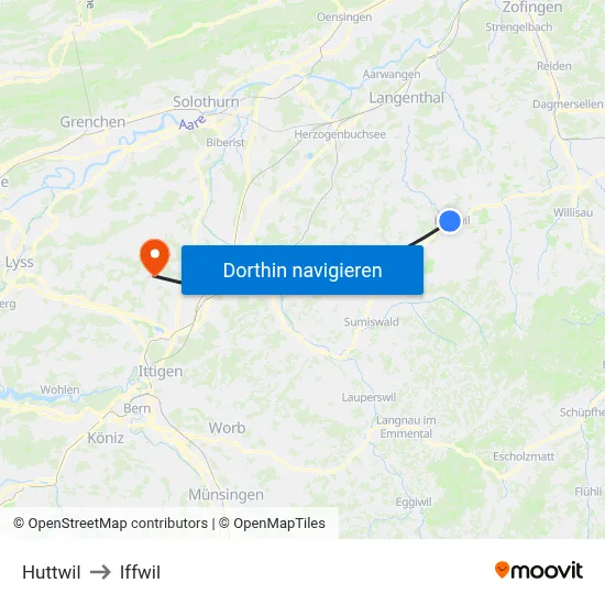 Huttwil to Iffwil map