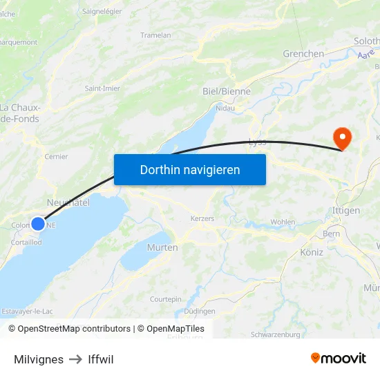 Milvignes to Iffwil map