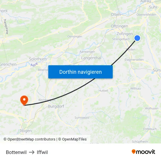 Bottenwil to Iffwil map