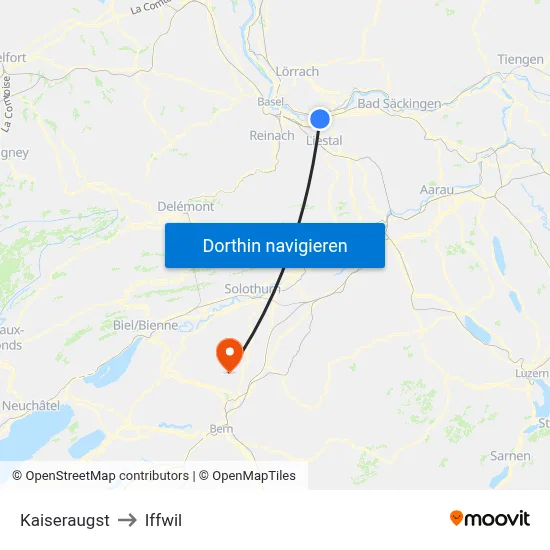 Kaiseraugst to Iffwil map