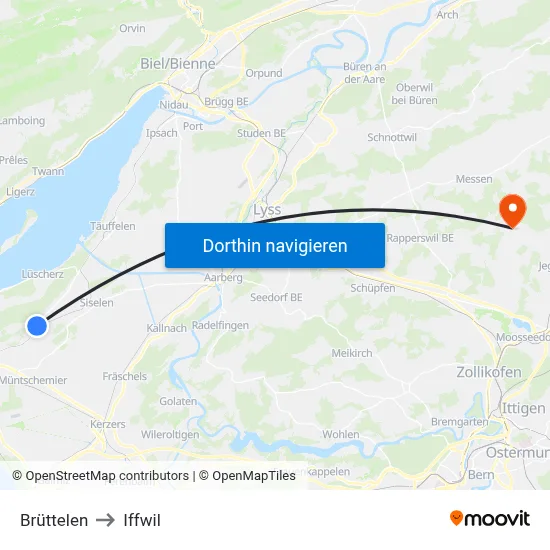 Brüttelen to Iffwil map