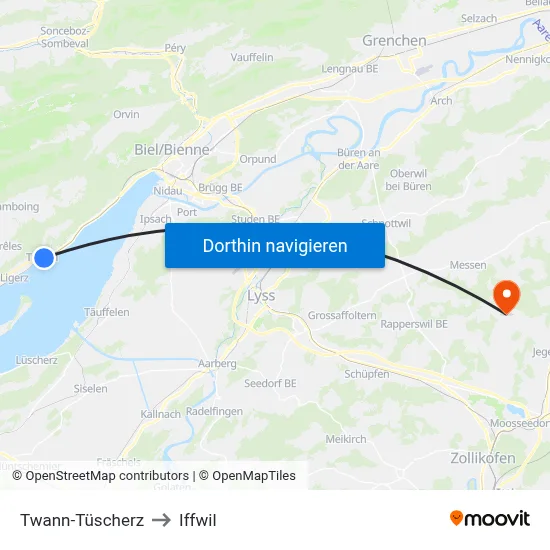 Twann-Tüscherz to Iffwil map