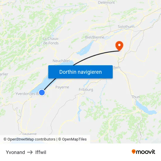 Yvonand to Iffwil map