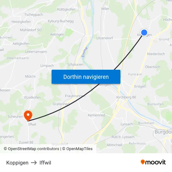 Koppigen to Iffwil map
