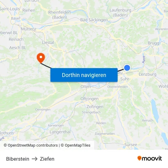 Biberstein to Ziefen map