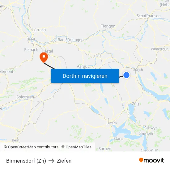 Birmensdorf (Zh) to Ziefen map