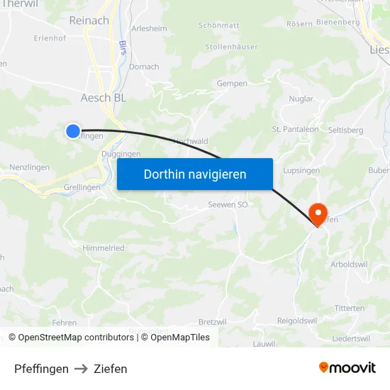 Pfeffingen to Ziefen map