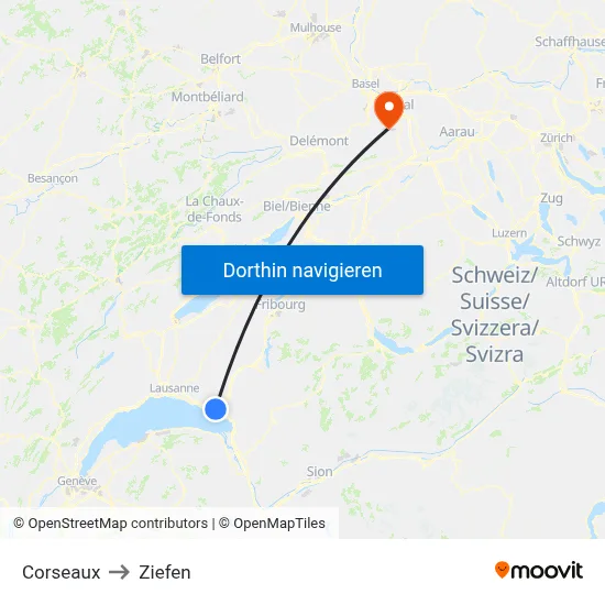 Corseaux to Ziefen map