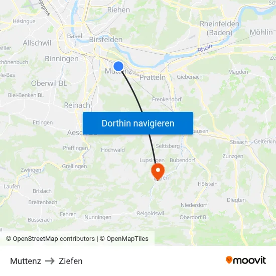 Muttenz to Ziefen map