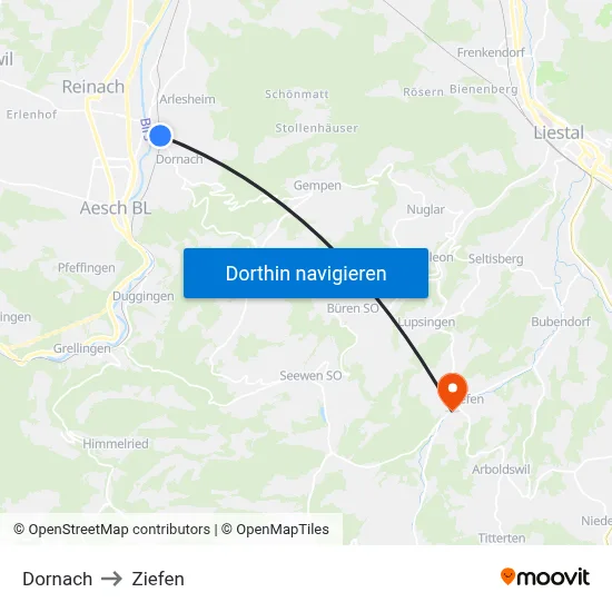 Dornach to Ziefen map