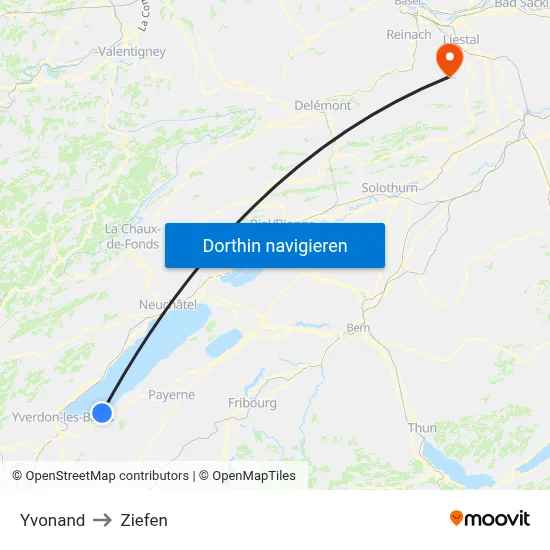 Yvonand to Ziefen map