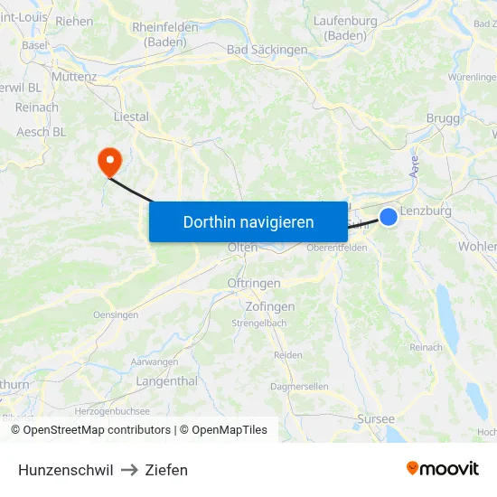 Hunzenschwil to Ziefen map