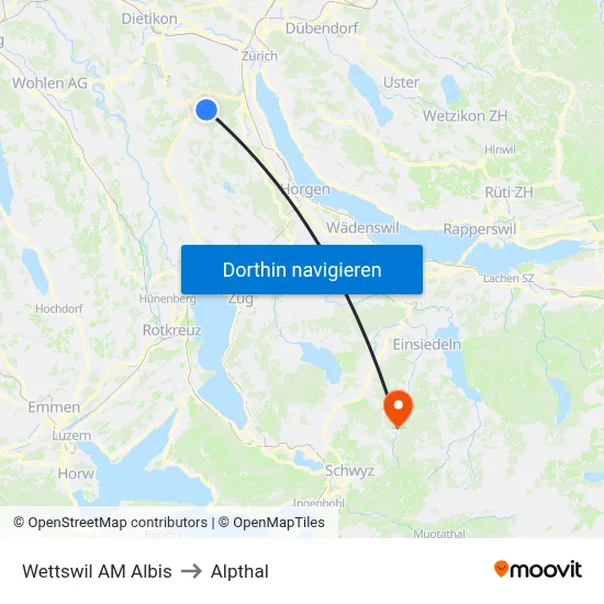 Wettswil AM Albis to Alpthal map