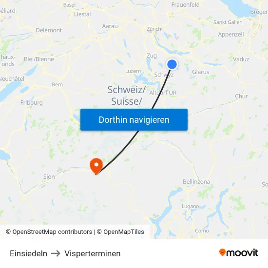 Einsiedeln to Visperterminen map