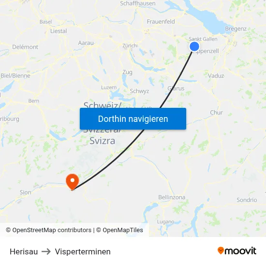 Herisau to Visperterminen map