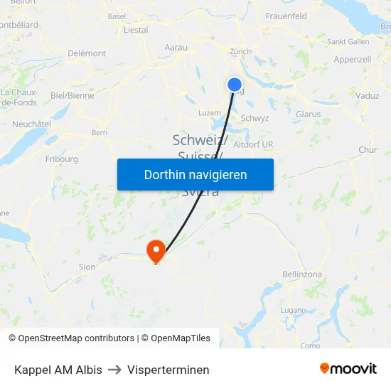 Kappel AM Albis to Visperterminen map
