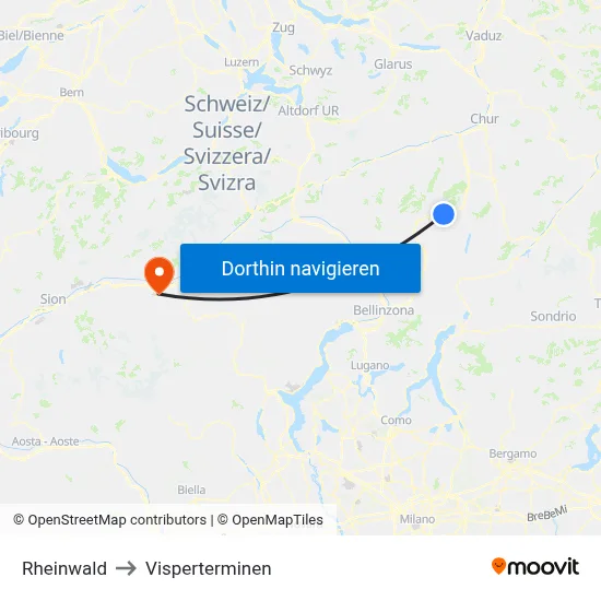 Rheinwald to Visperterminen map