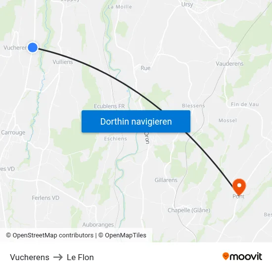 Vucherens to Le Flon map