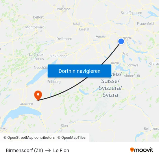 Birmensdorf (Zh) to Le Flon map
