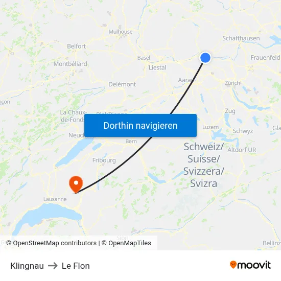 Klingnau to Le Flon map