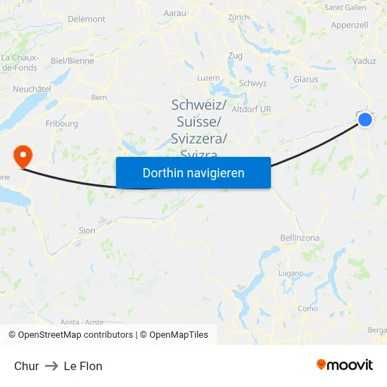 Chur to Le Flon map