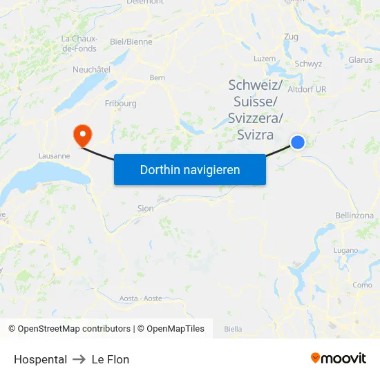 Hospental to Le Flon map