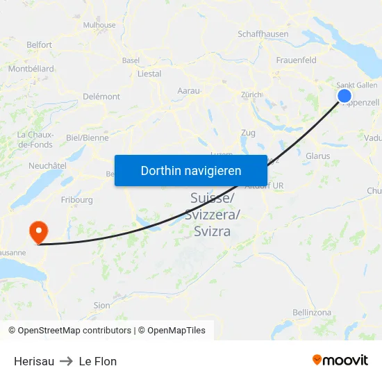 Herisau to Le Flon map