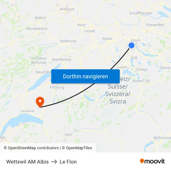 Wettswil AM Albis to Le Flon map