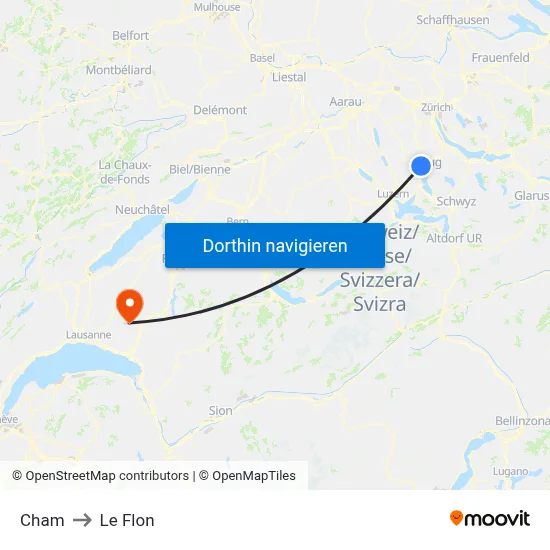 Cham to Le Flon map