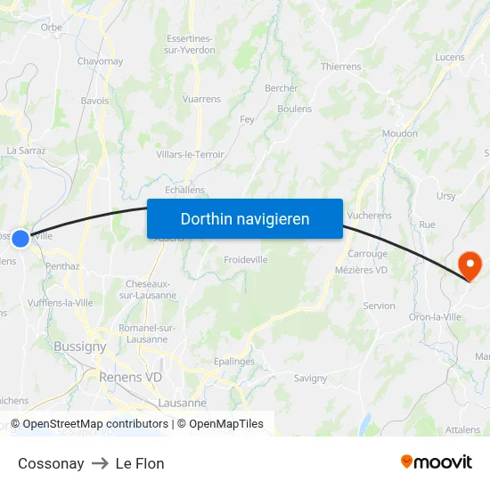 Cossonay to Le Flon map