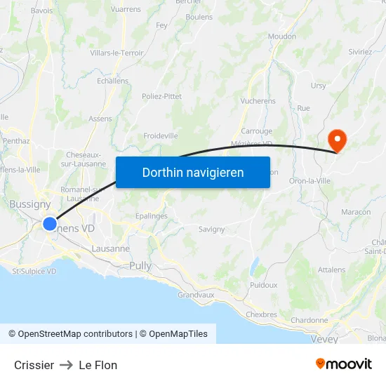 Crissier to Le Flon map
