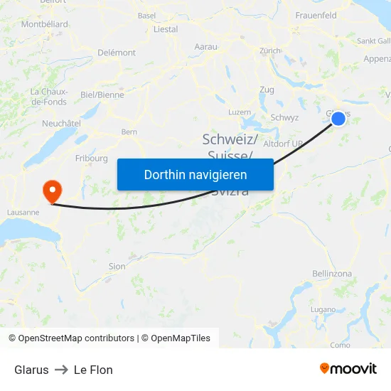 Glarus to Le Flon map