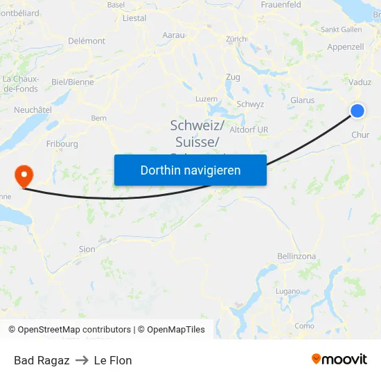 Bad Ragaz to Le Flon map