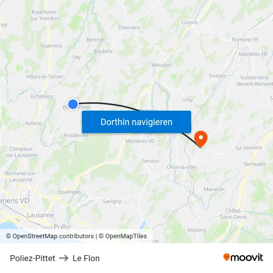 Poliez-Pittet to Le Flon map