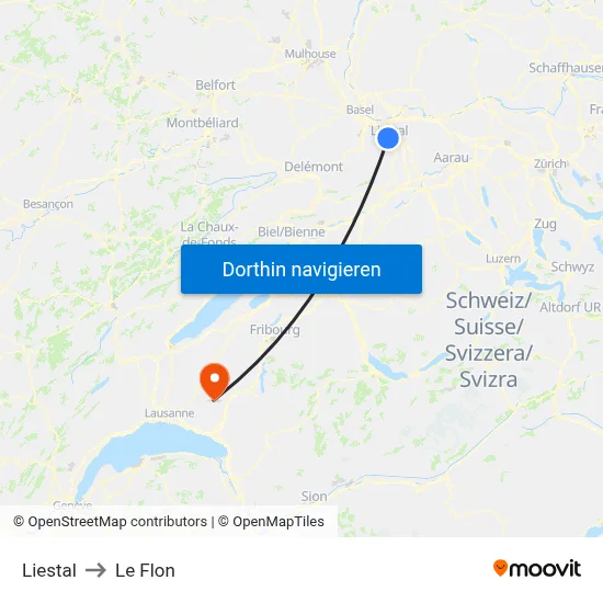 Liestal to Le Flon map