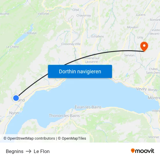 Begnins to Le Flon map