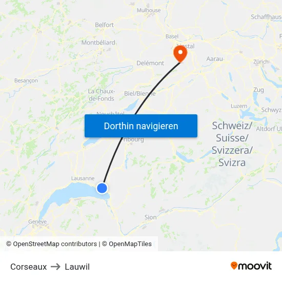 Corseaux to Lauwil map