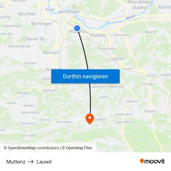 Muttenz to Lauwil map