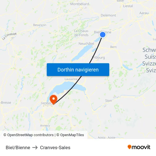 Biel/Bienne to Cranves-Sales map