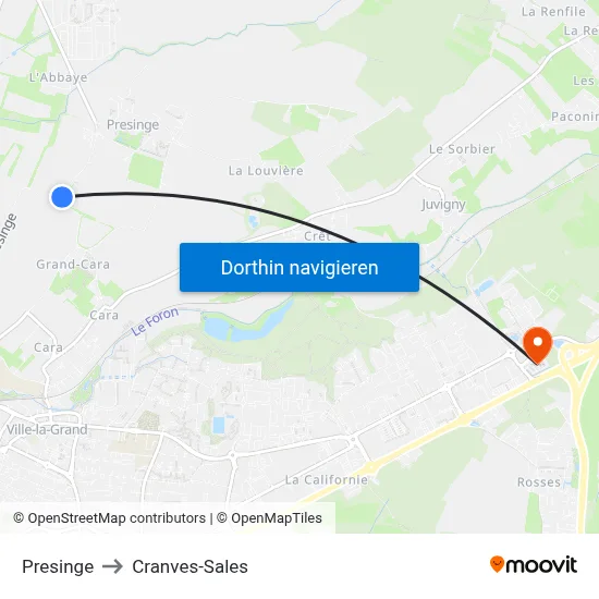 Presinge to Cranves-Sales map