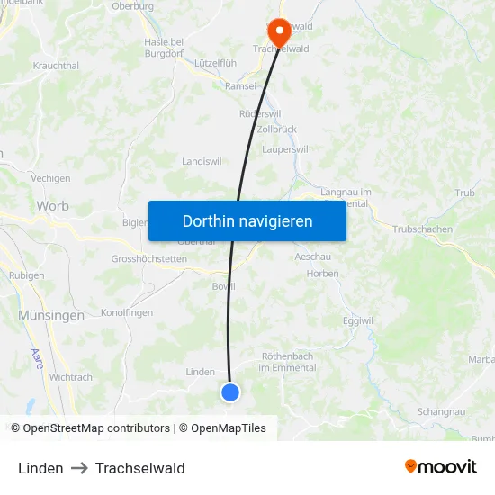 Linden to Trachselwald map