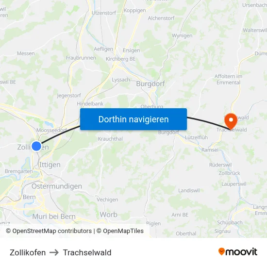 Zollikofen to Trachselwald map