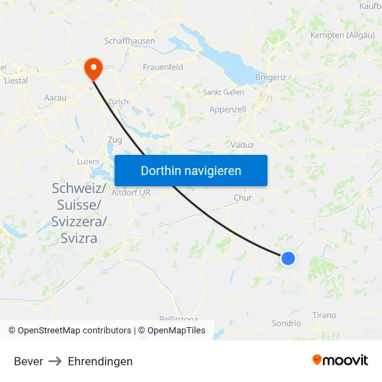 Bever to Ehrendingen map