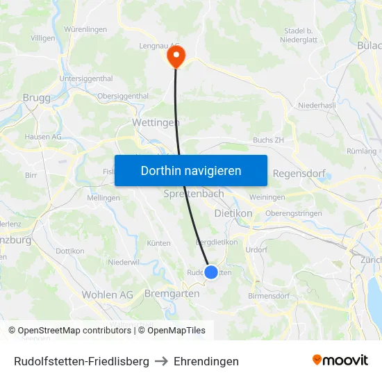 Rudolfstetten-Friedlisberg to Ehrendingen map