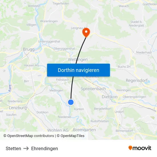 Stetten to Ehrendingen map